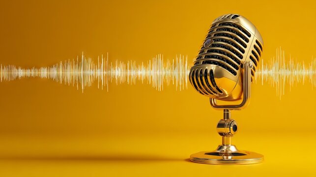Shimmering gold condenser microphone with luminous audio waveform on bold yellow backdrop, perfect for modern podcast branding, music production, and professional voice‑over visuals