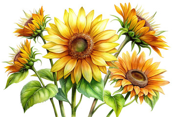 Naklejka premium Watercolor Painting of Vibrant Sunflowers with Realistic Details on Trensprent Background png