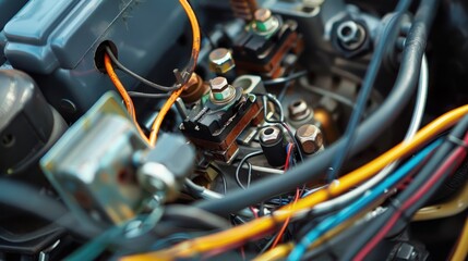 Close-up of a car’s ignition coil with visible wires and electrical contacts—detailed, technical, and essential to engine performance.

