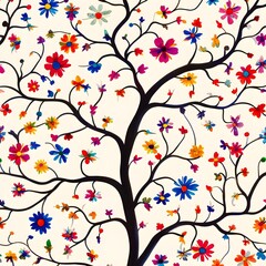 Fototapeta premium Vibrant Colorful Flower Tree Art Print, Blooming Floral Tree of Life