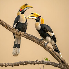 Obraz premium Great hornbills, front-facing full-body view of two majestic hornbills perched together, showcasing their large, colorful beaks and striking black and yellow plumage against a lush forest backdrop.