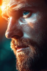Obraz premium Man with intense gaze illuminated by warm light in vibrant surroundings during golden hour