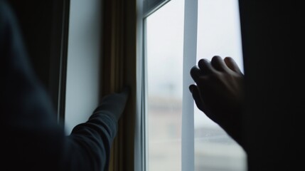 Painter applying tape to edges of window. Indoor home renovation site