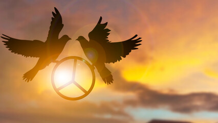 Silhouette shot of a couple pigeon holding peace symbol leaf flying out over sunset time computer graphic flare light blurred background, peace and freedom concept, copy space for individual text