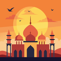Golden hour mosque vector with birds flying 