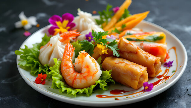 Delicious Asian appetizer plate featuring shrimp dumplings and spring rolls close up