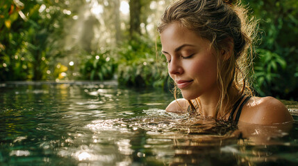 Fototapeta premium A young woman partially submerged in the pool. She looks relaxed and peaceful, with her eyes closed and a slight smile on her face.