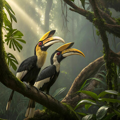 Obraz premium Great hornbills in a Southeast Asian jungle, a dramatic scene with the majestic birds perched on towering trees, surrounded by lush greenery and vibrant tropical foliage.