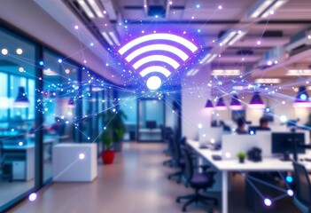 Abstract glowing wifi signal mesh network over modern office interior, lines, indoor