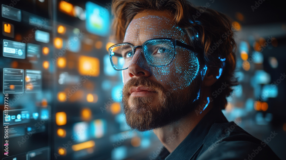 Poster man with digital facial projections stands in futuristic office, surrounded by glowing data screens,