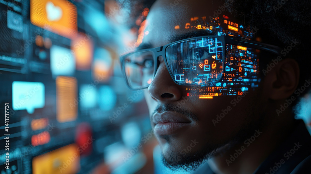 Leinwandbilder person wearing futuristic augmented reality glasses is immersed in digital environment with holograp
