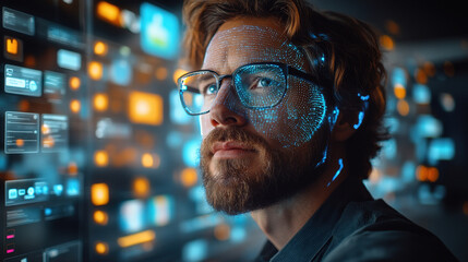 man with digital facial projections stands in futuristic office, surrounded by glowing data screens, symbolizing advanced technology and innovation