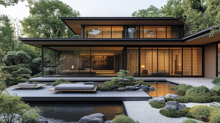 Modern Japanese house with large windows and serene garden