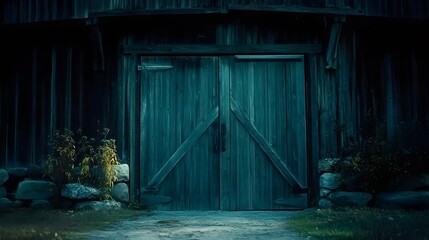 Mysterious Teal Barn Doors at Night Dark Wooden Building Exterior