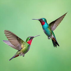 Hummingbirds, full-frame image of two hummingbirds in flight, captured mid-hover with iridescent feathers shimmering in the light, surrounded by vibrant flowers and lush greenery.