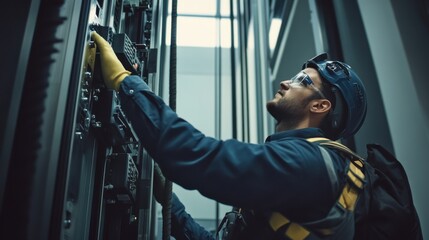 Elevator technician inspecting safety mechanisms. Featuring mechanical expertise and precision