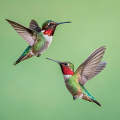 Fototapeta premium Hummingbirds, full-frame image of two hummingbirds in flight, captured mid-hover with iridescent feathers shimmering in the light, surrounded by vibrant flowers and lush greenery.