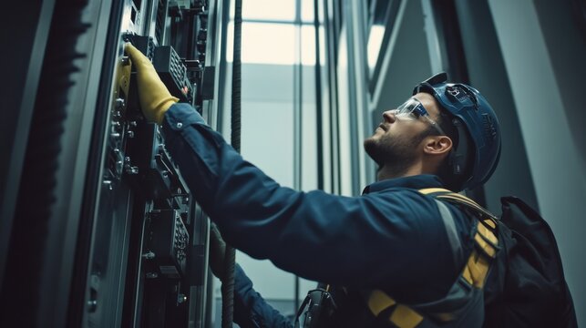 Elevator technician inspecting safety mechanisms. Featuring mechanical expertise and precision