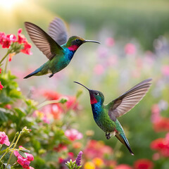 Fototapeta premium Hummingbirds, full-frame image of two hummingbirds in flight, captured mid-hover with iridescent feathers shimmering in the light, surrounded by vibrant flowers and lush greenery.