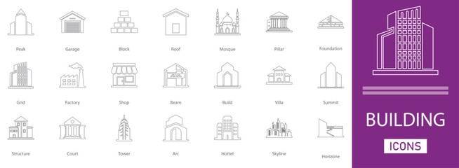 Building thin line icon set. with  hotel, villa, shop, Build, Arc, factory and more line icons. stroke art