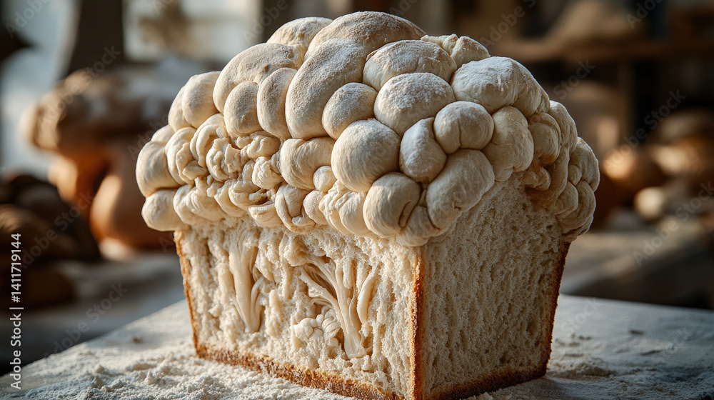 Poster loaf of bread with intricate, artistic designs and textured top sits on floured surface, showcasing creative baking skills. background features blurred bakery setting