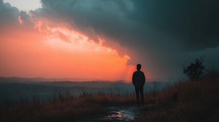 Fototapeta premium Silhouette figure stands on a hilltop at sunset, dramatic clouds