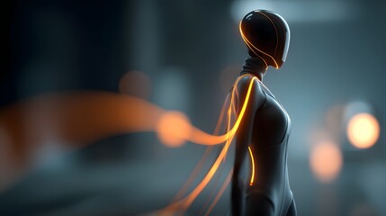 An abstract humanoid figure wrapped in glowing learning code stands in a dark simulation.
