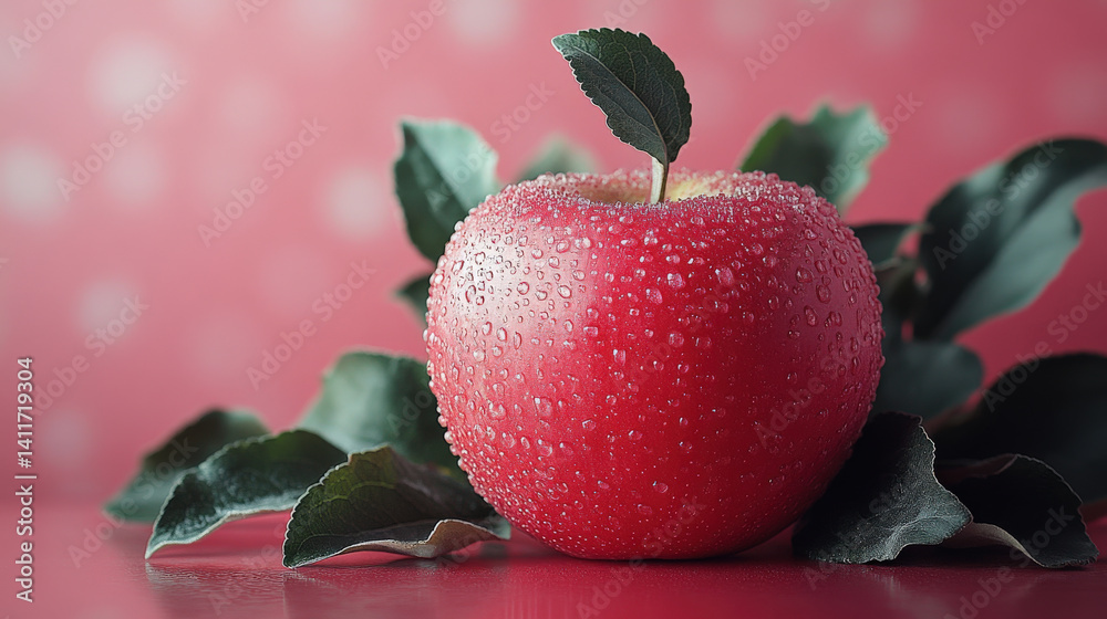Poster fresh red apple with water droplets sits on surface, surrounded by green leaves against soft red background, creating vibrant and refreshing scene