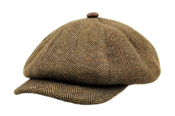A stylish vintage herringbone cap resting softly on a surface, showcasing intricate patterns and rich textures, perfect for autumn wear isolated on transparent background
