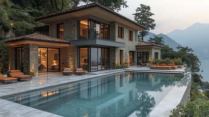 Fototapeta premium Contemporary villa with garden landscaping and outdoor pool
