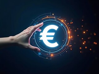 Futuristic digital illustration of a glowing euro symbol (€) in a high-tech holographic interface, with a human hand interacting. Blue and orange light effects enhance depth.