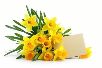 Bright yellow daffodils arranged with fresh green leaves and a blank note on a white background for springtime celebrations isolated on transparent background