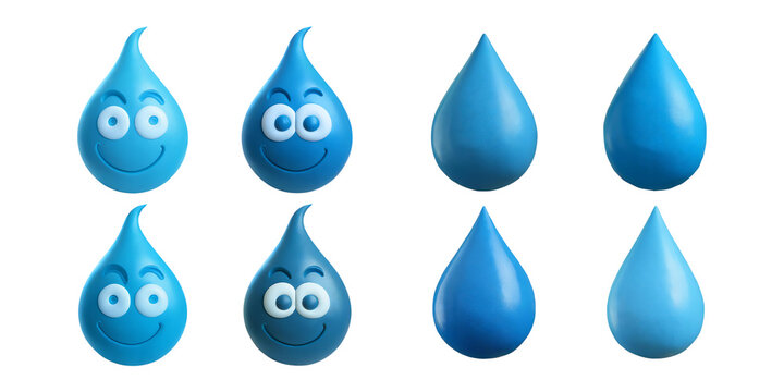 Cheerful Blue Water Droplets with Faces for Fun Illustrations, isolated on transparent background