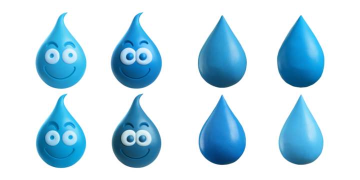 Cheerful Blue Water Droplets with Faces for Fun Illustrations, isolated on transparent background