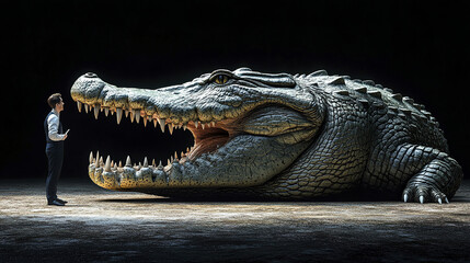Fototapeta premium man faces giant crocodile in dramatic confrontation