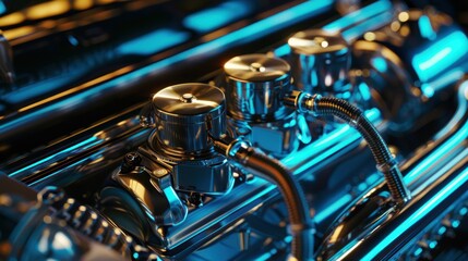 Fototapeta premium Close-up of a car’s master cylinder, highlighting hydraulic lines and fluid levels, with sharp mechanical detail and clean automotive precision.