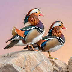Mandarin ducks, ultra-realistic full-body image of these beautiful ducks, displaying their vibrant orange, blue, and green plumage, gracefully swimming in a serene pond surrounded by lush greenery.