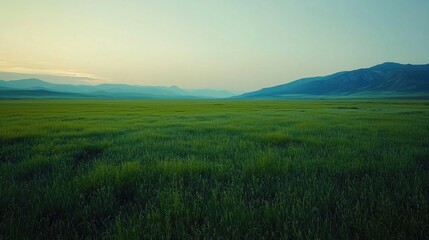 Fototapeta premium Serene Landscape of Lush Green Fields and Distant Mountains at Dusk