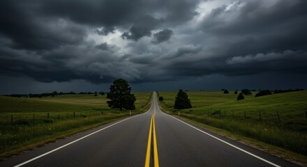 Fototapeta premium Driving on Empty Road Toward Impending Stormy Weather in Rural Landscape