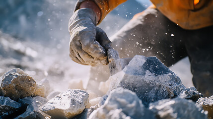 Miner breaking rocks to access lithium deposits underground. Featuring manual labor