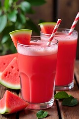 Watermelon smoothie with fresh watermelon slice at the background. Watermelon juice. A refreshing summer beverage. Tropical fruits