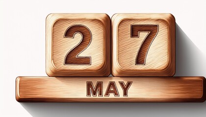Illustration of wooden blocks with date 27 May. Day and month, simple calendar