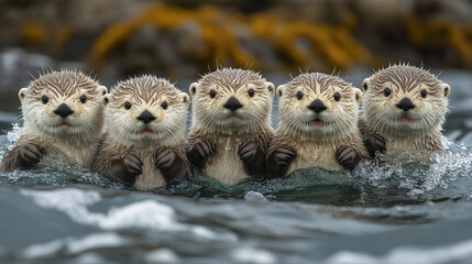 Fototapeta premium Cute sea otters posing together in water, looking curious