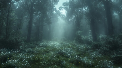 Obraz premium Mysterious foggy woodland with soft lighting and dense foliage