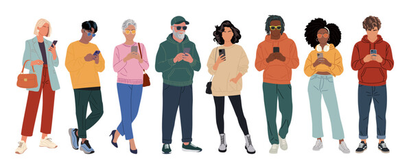 Obraz premium Set of different people using gadgets. Business men and women holding smartphones and tablet, texting, talking, watching news. Group of male, female cartoon characters Vector realistic illustrations.