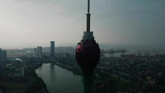 Golden Hour Drone Orbit of Colombo Lotus Tower &ndash; Stunning Evening Skyline