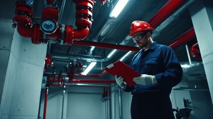 Fire safety officer inspecting commercial sprinkler systems. Featuring vigilance and workplace safety