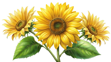 Obraz premium Three vibrant sunflowers with lush green leaves artfully arranged against a Trensprent Background png
