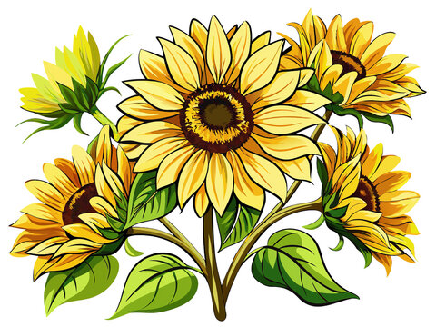 yellow sunflowers on stems, green leaves clip art preview