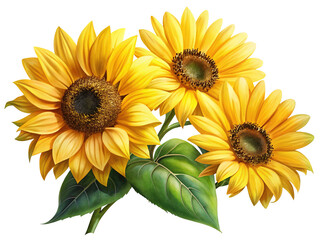 Obraz premium Vibrant trio of sunflowers with bright yellow petals and lush green leaves